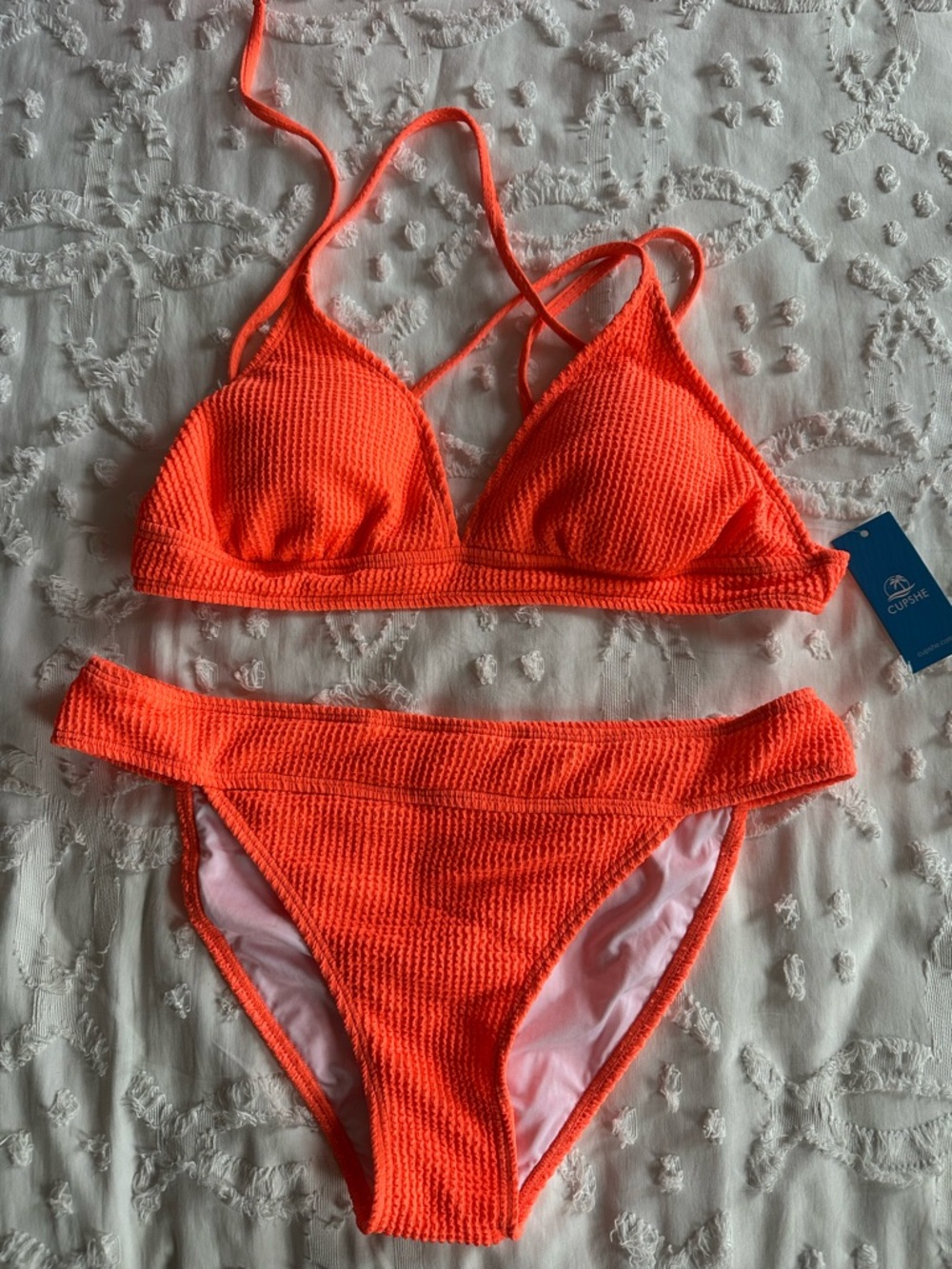 Cupshe Neon Orange Textured Triangle Bikini Set. New with tags